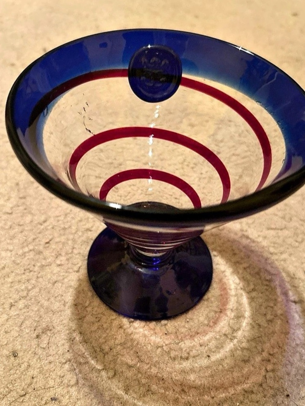 Kosta Boda Hand Blown Royal Caribbean Martini Dessert Glass Red Swirl Blue 4”T